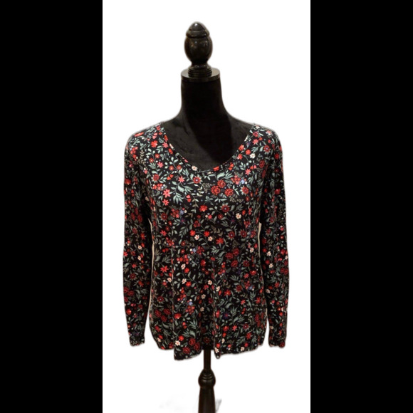 Croft & Barrow Blouse Size Large Top 100% Cotton V Neck Floral + Stretch Casual - Picture 1 of 8